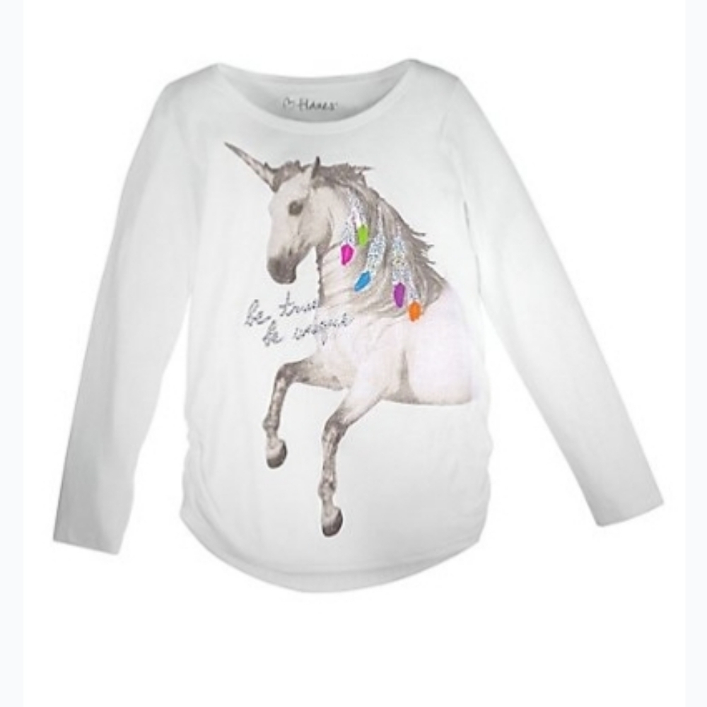 #6043 Hanes White Girls Long Sleeve Unicorn Graphic Tee with Colorful Mane